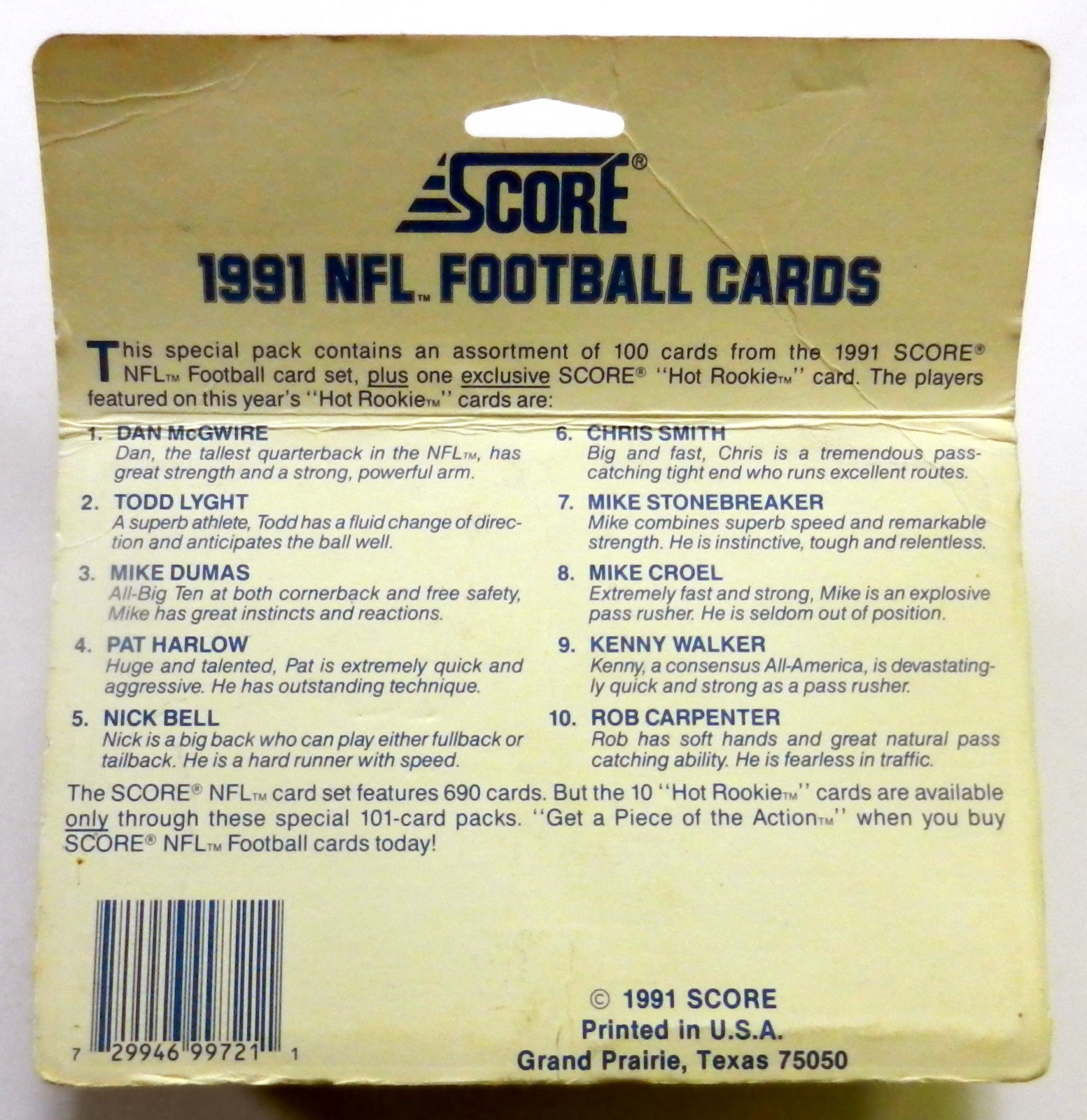 101 SCORE 1991 Footbal CARDS Sealed Various NFL PLAYERS Series 2 McGWIRE etc.