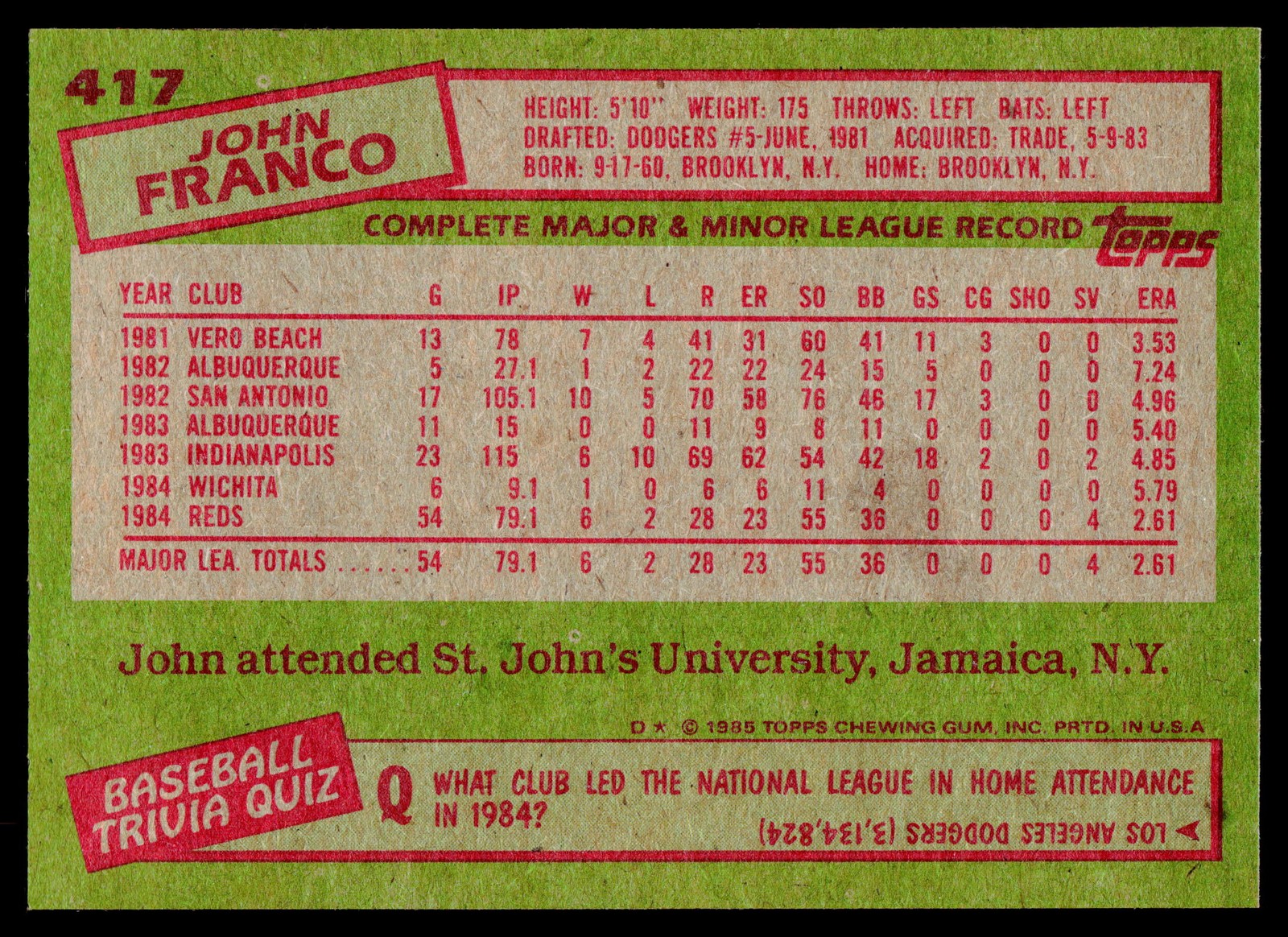 1985 Topps #417 John Franco -WAX – POOR