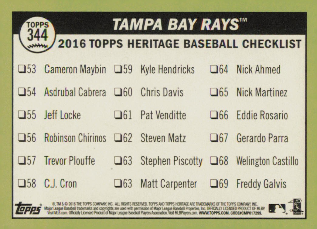 2016 Topps Heritage – Team Checklist Tampa Bay Rays #344