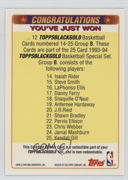 1993 Topps Prize Black Gold Shaquille O’Neal Isaiah Rider JR Reid Rookie RC 0u1n
