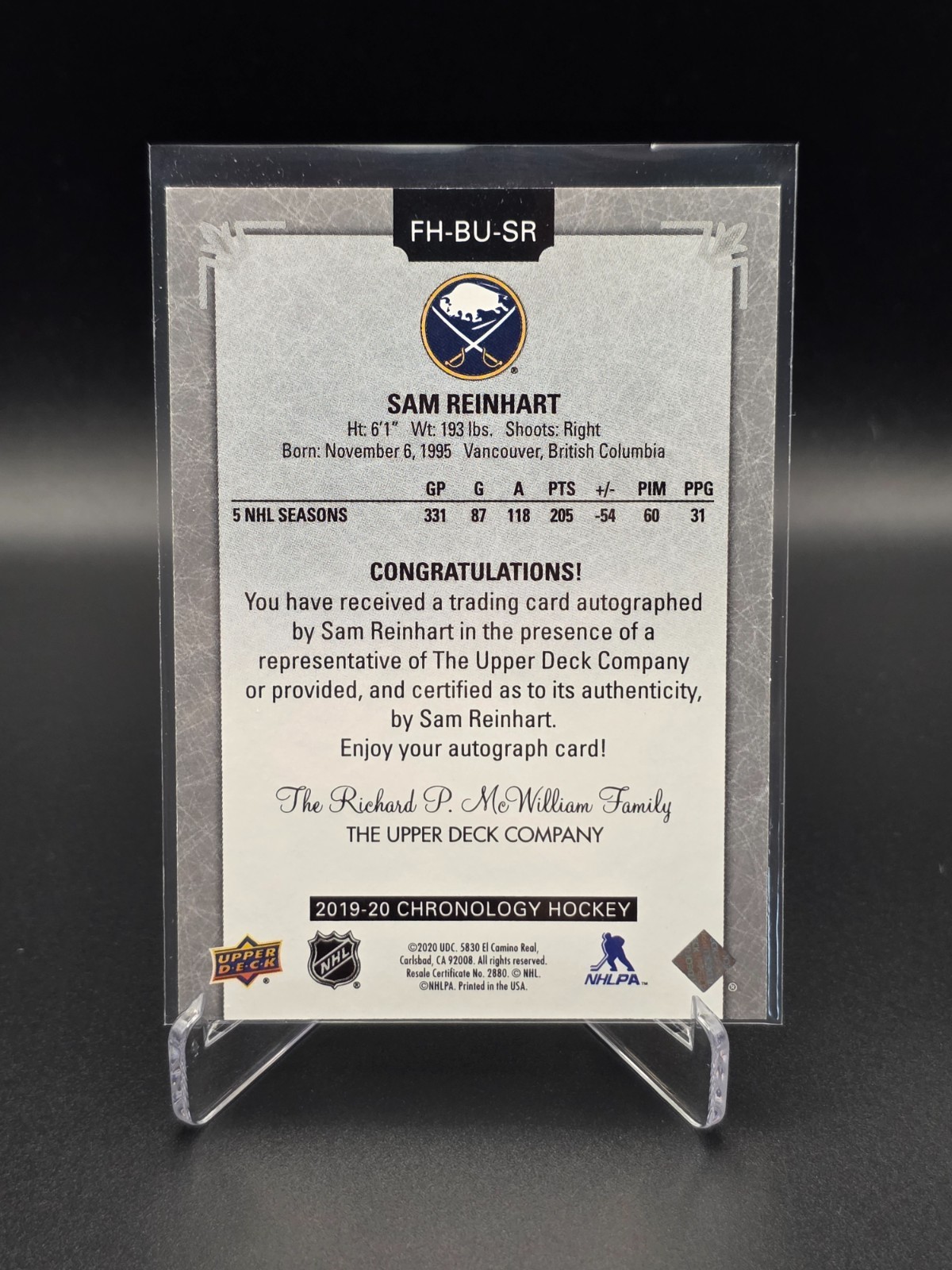 2019-20 Upper Deck Chronology Franchise History Sam Reinhart #FH-BU-SR Auto