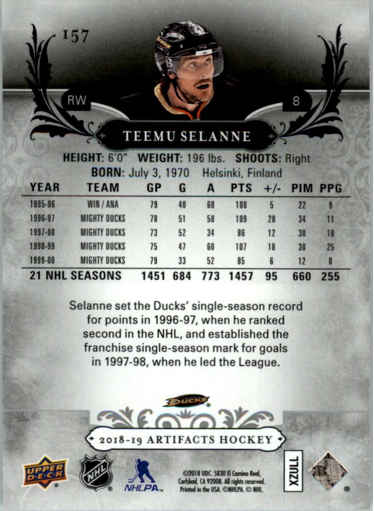2018-19 Artifacts #157 Teemu Selanne LEG /599 – HKY