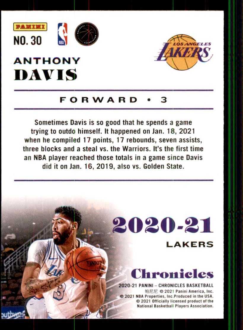 2020-21 Panini Chronicles #30 Anthony Davis Los Angeles Lakers