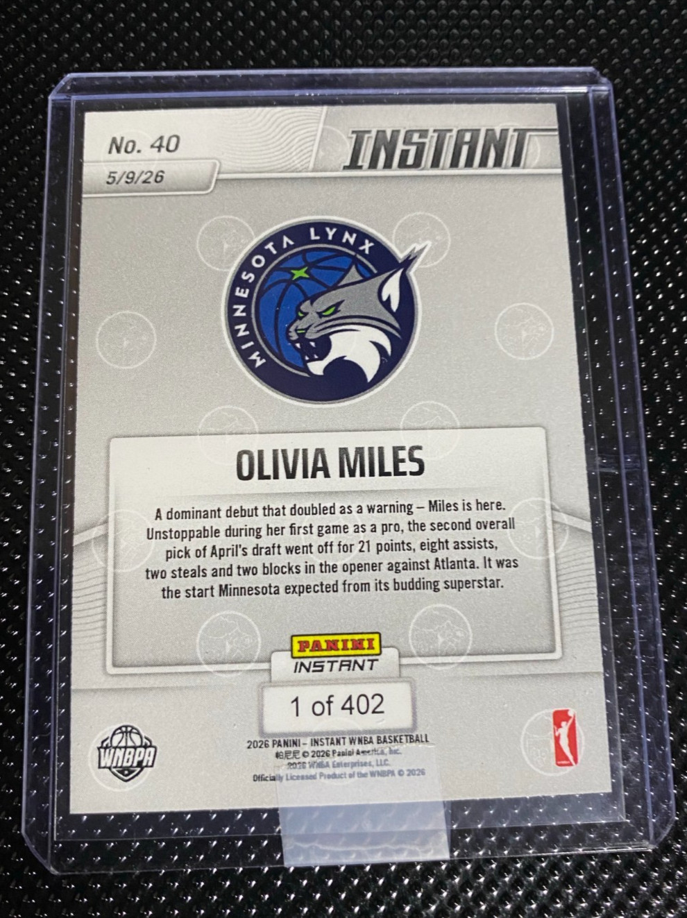 OLIVIA MILES DEBUT -2026 Panini Instant WNBA #40 Rookie RC SP Lynx – SHIPS TODAY
