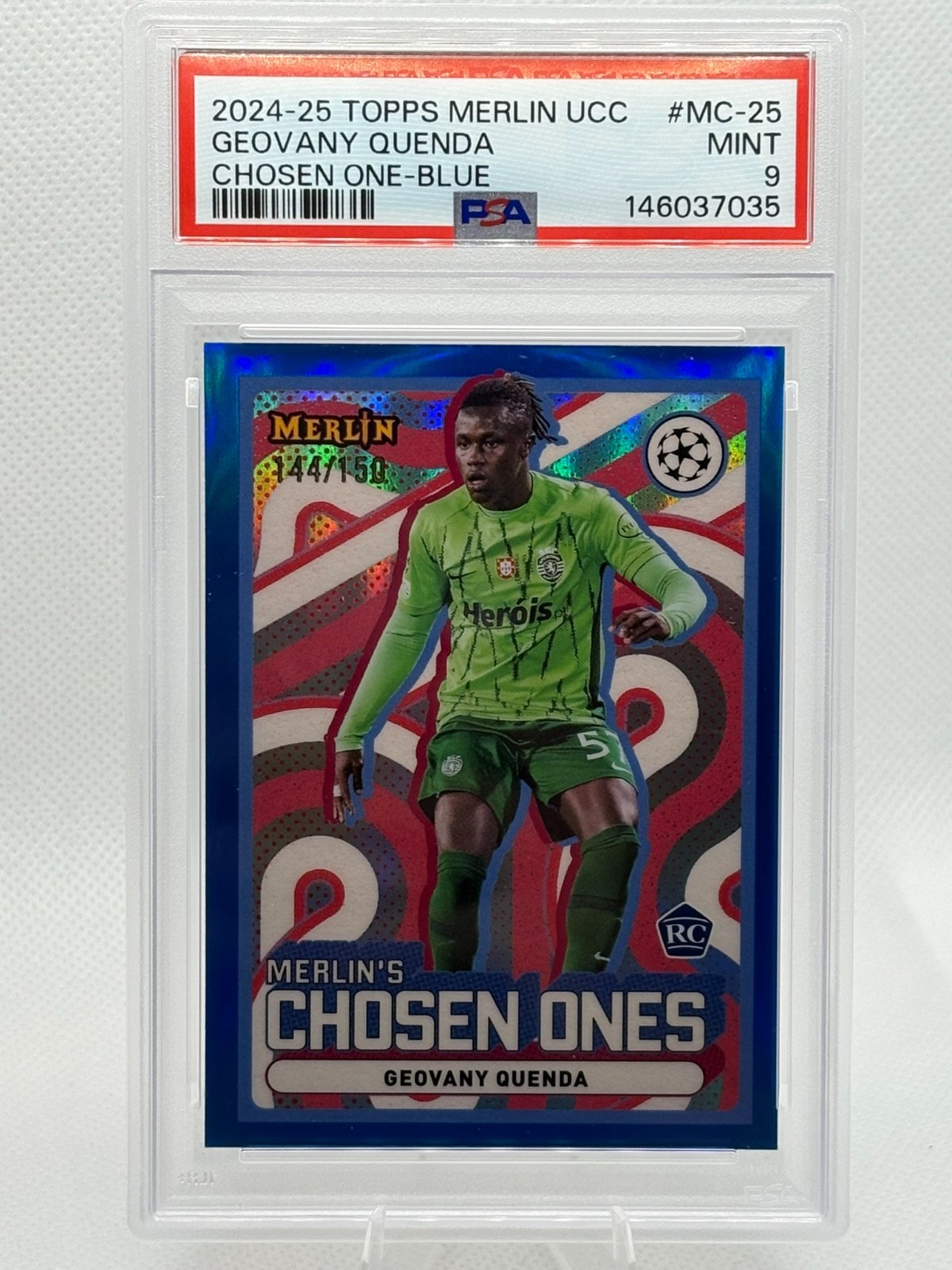 Geovany Quenda 2024 Topps Merlin Chrome UEFA Blue Merlin’s Chosen RC /150 PSA 9