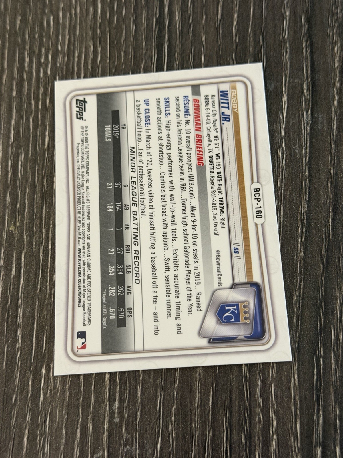 2020 Bowman Chrome Prospects #BCP-160 BOBBY WITT Jr Kansas City Royals Rookie RC
