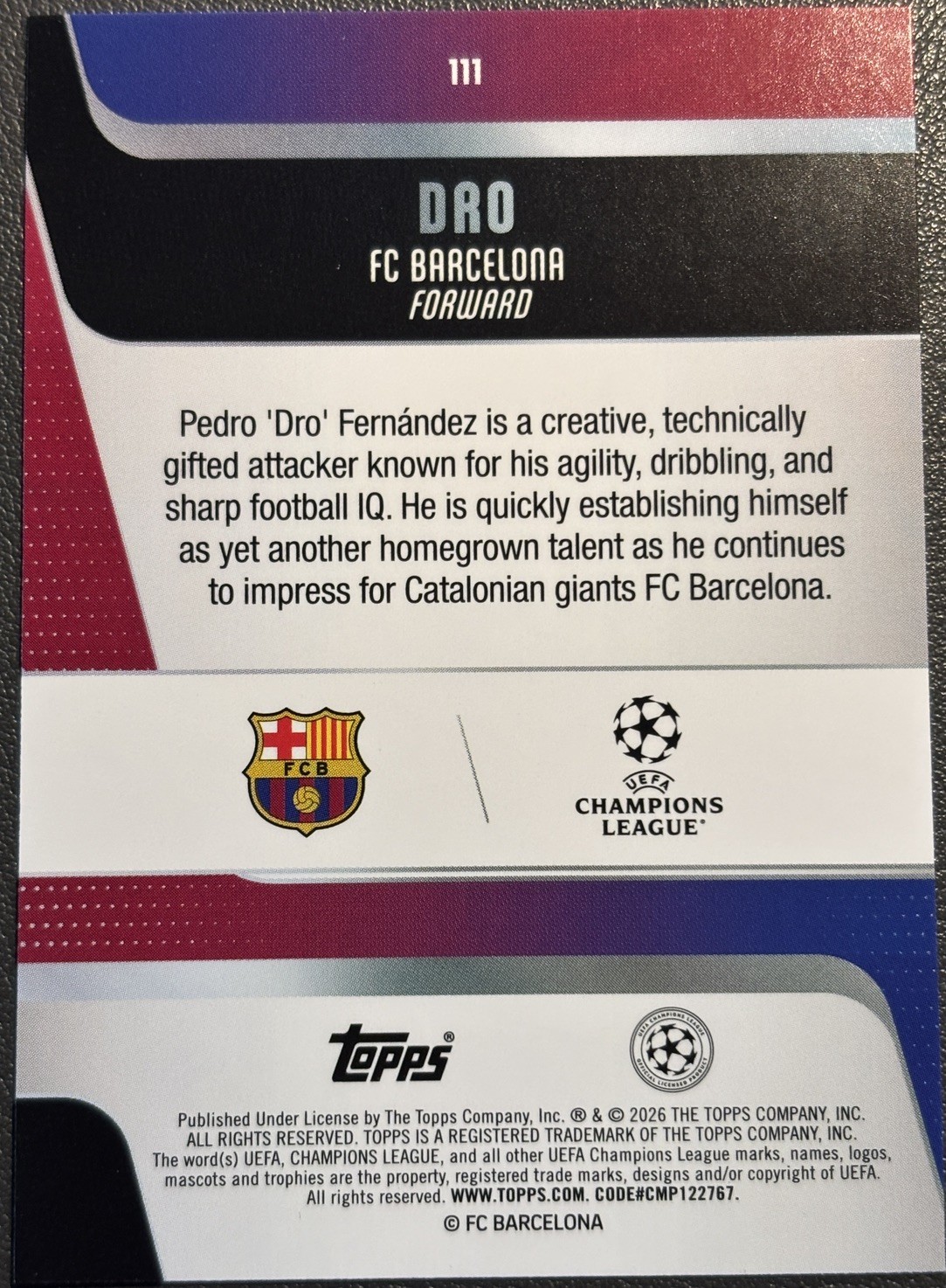 2025-26 Topps UEFA Club Competitions DRO #111 Barcelona ROOKIE Card!