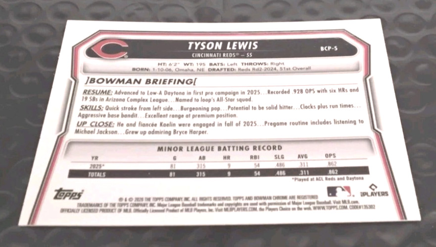 2026 Bowman Chrome #BCP-5 Tyson Lewis Prospect Mini Diamonds Cincinnati. L129
