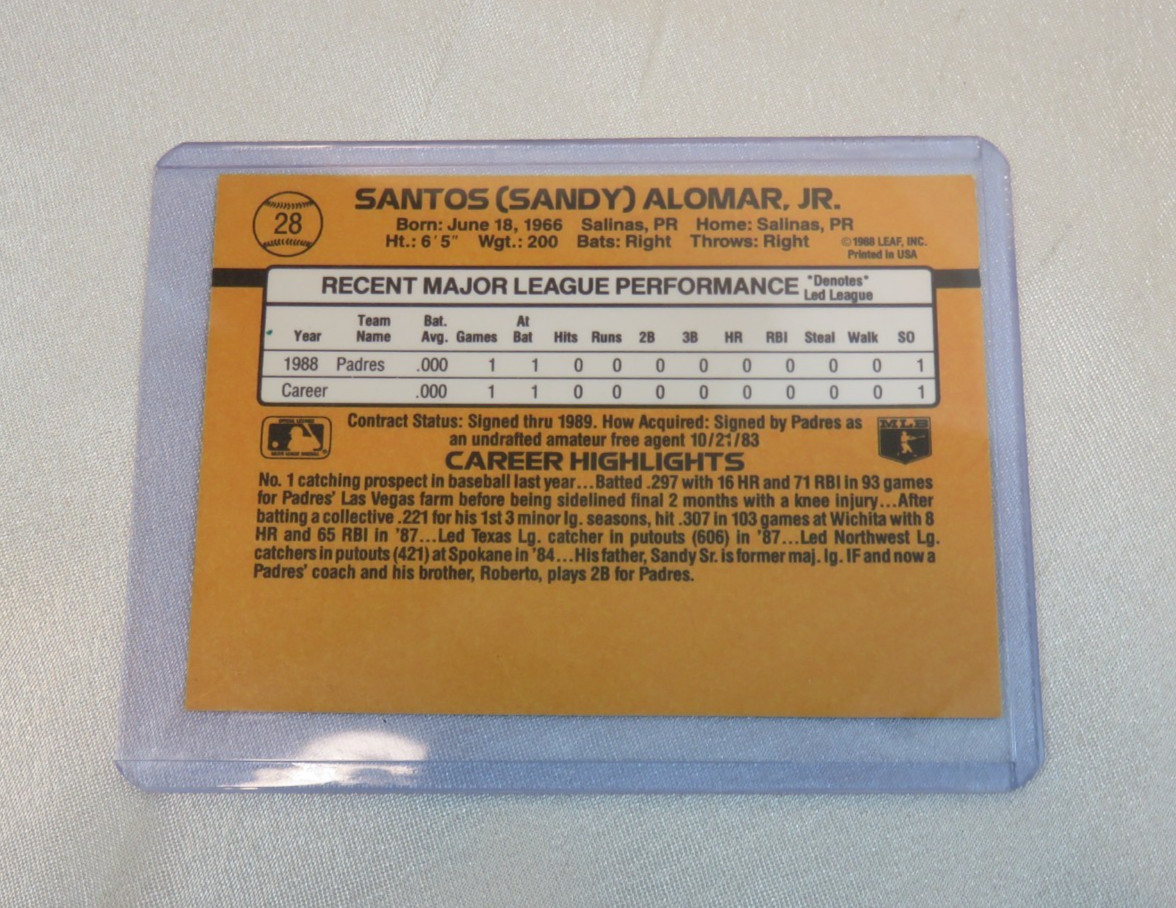 1989 Donruss Sandy Alomar Jr. C – Rated Rookie MLB Card #28 – 35 PT Sleeve