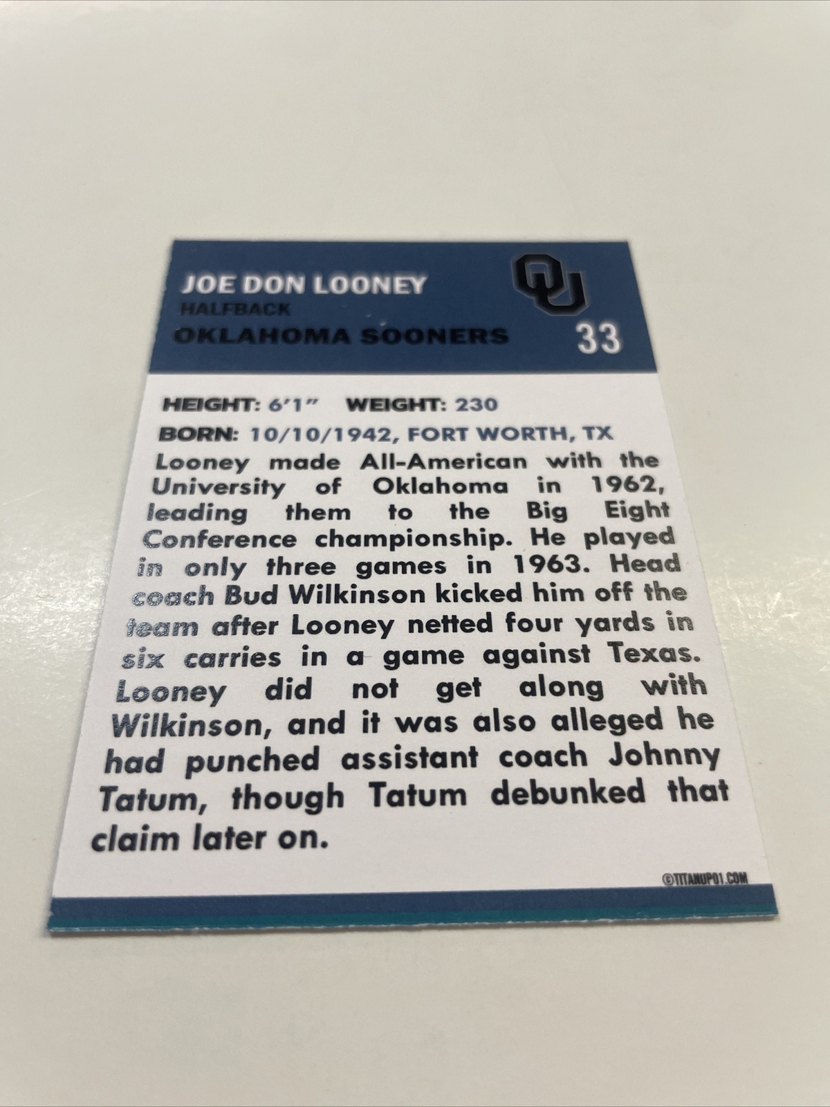 1962 Football Joe Don Looney Custom Card Oklahoma Sooners A-420