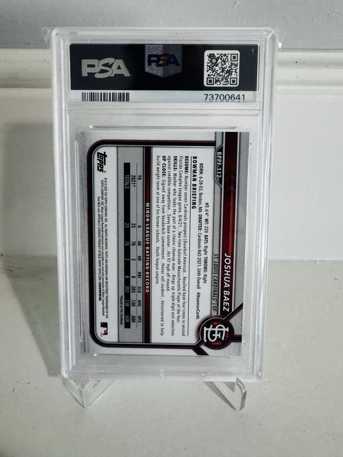 2022 Bowman Joshua Baez Red Foil /5 1st Bowman 1st Edition Rookie RC PSA 10