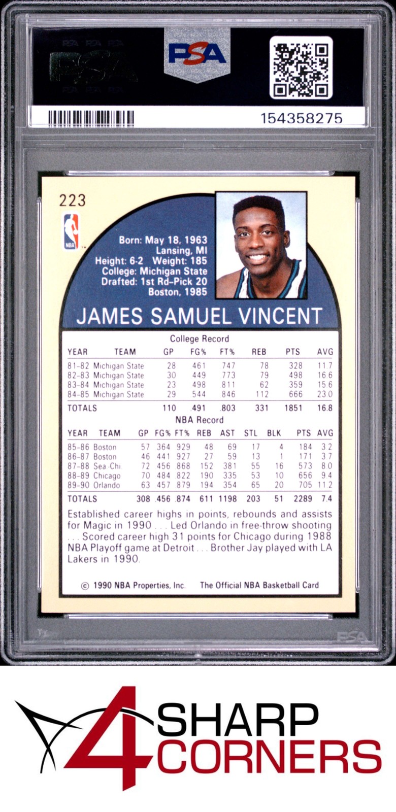 1990 HOOPS #223 SAM VINCENT SHOWS MICHAEL JORDAN PSA 8
