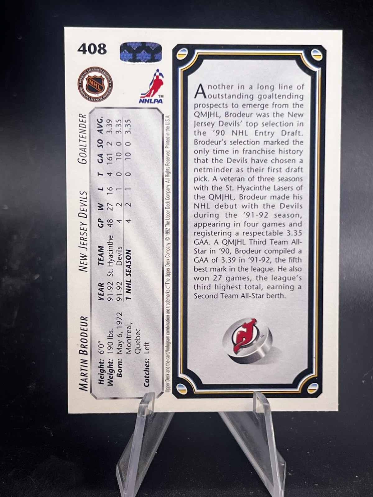 1992-93 Upper Deck – Star Rookies Martin Brodeur #408 HOF