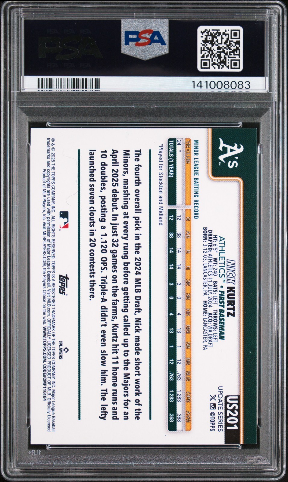 2025 TOPPS UPDATE 201 NICK KURTZ PSA 10