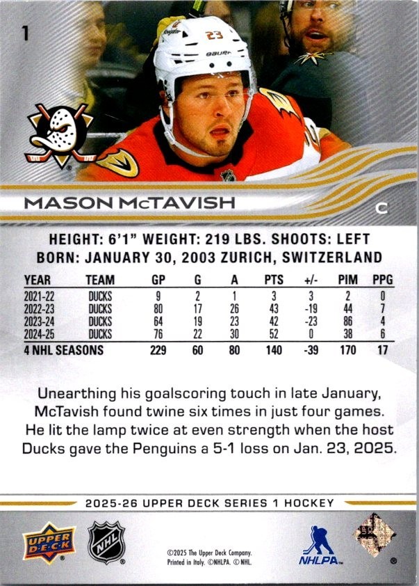 2025-26 Upper Deck Series 1 – Mason McTavish – #1 Base Card – Anaheim Ducks