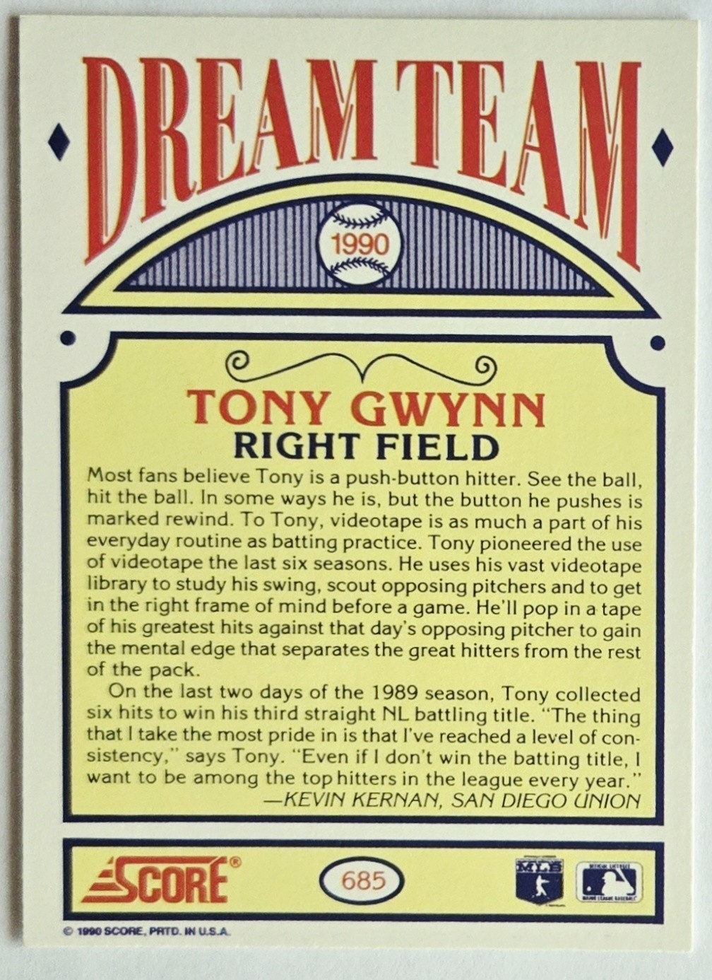 Tony Gwynn 1990 Score Dream Team #685 San Diego Padres