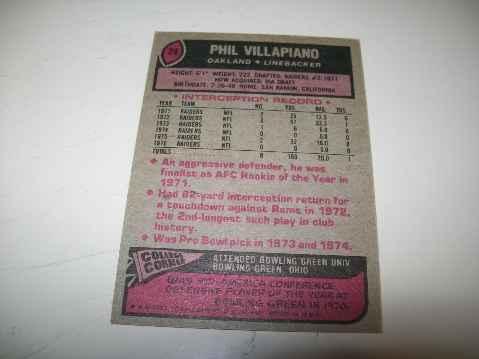 1977 TOPPS PHIL VILLAPIANO AUTOGRAPH SIGNED AUTO #24 OAKLAND RAIDERS