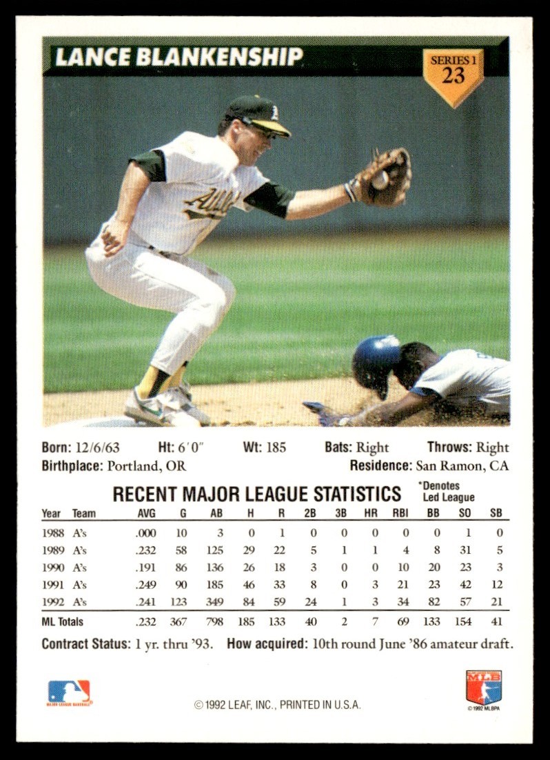 1993 Donruss Lance Blankenship Oakland Athletics #23