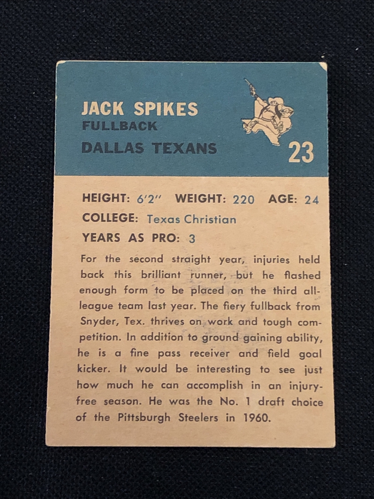 JACK SPIKES 1962 FLEER SIGNED AUTOGRAPHED CARD #23 DALLAS TEXANS