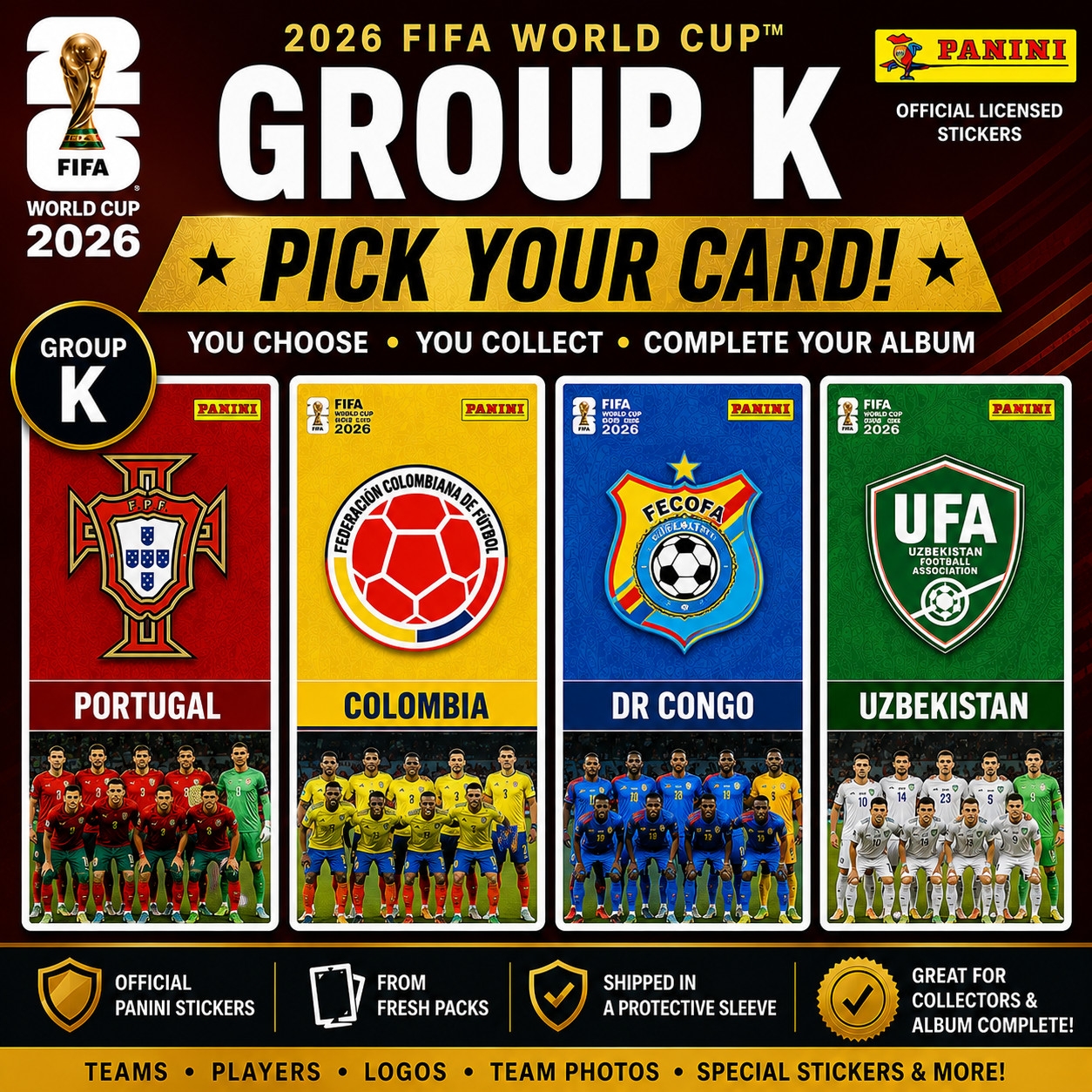 2026 Panini FIFA World Cup Group K Stickers You Pick Portugal Colombia DR Congo