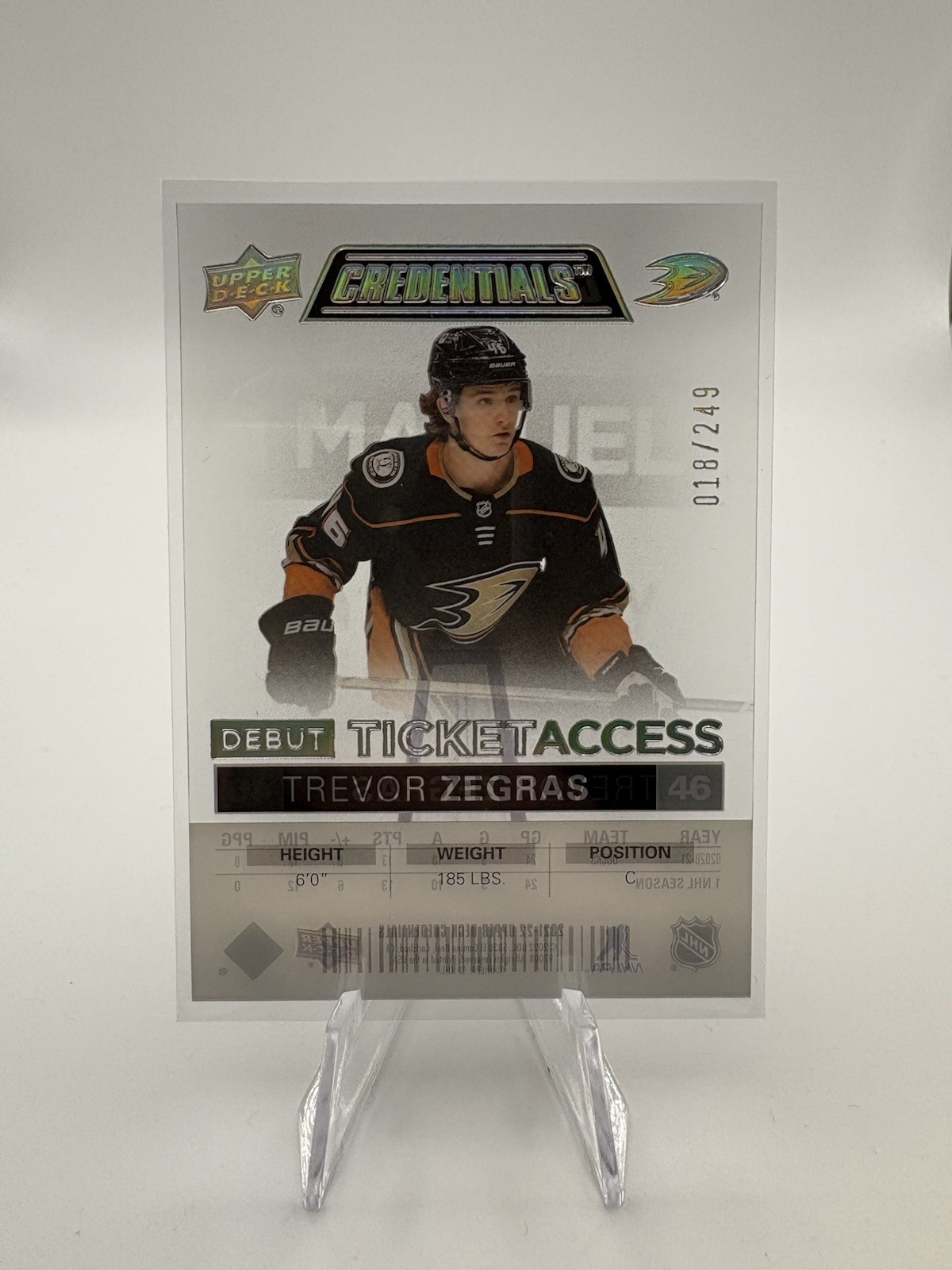2021-22 Credentials Debut Ticket Access Acetate /249 Trevor Zegras RC Rookie