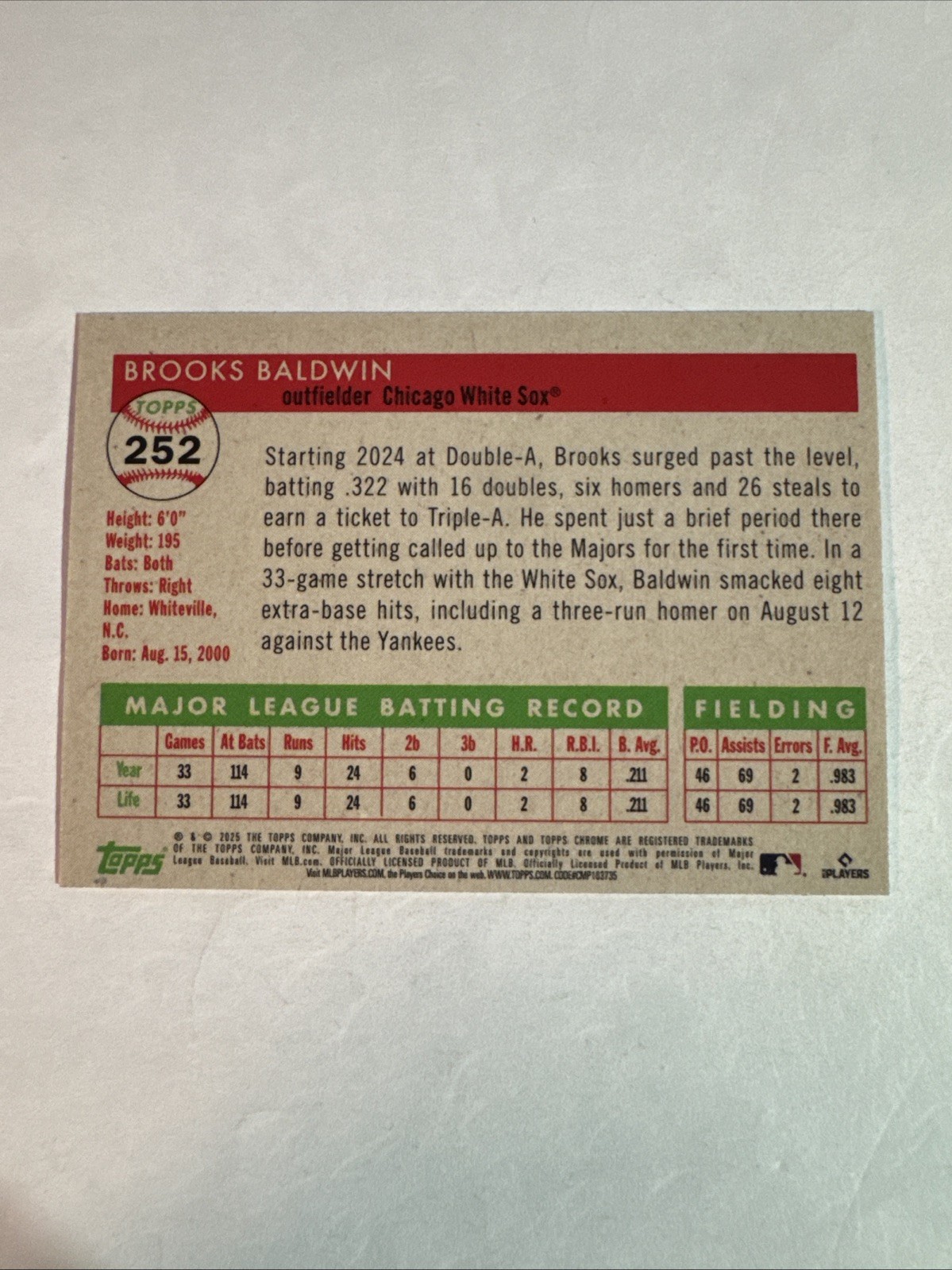 2025 Topps Chrome Platinum Anniversary Brooks Baldwin RC Prism Refractor #252