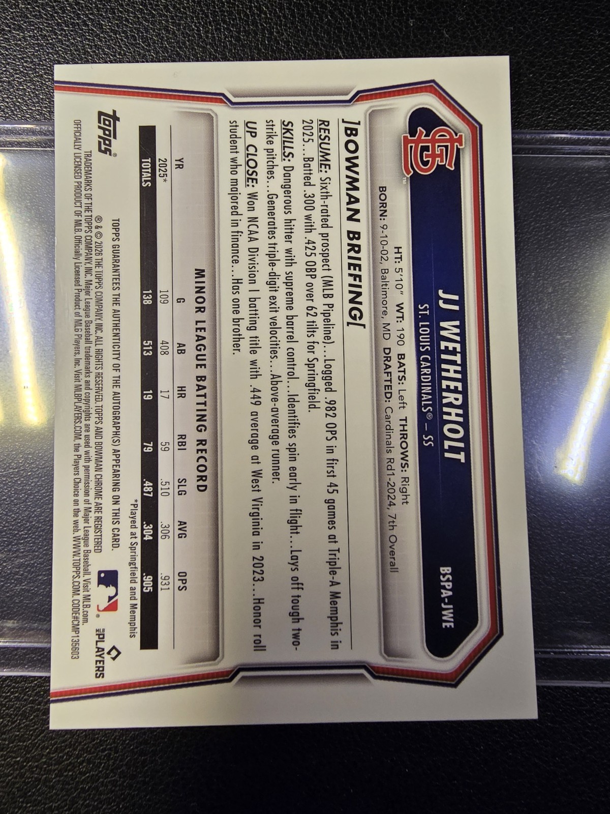 2026 Bowman Sapphire Chrome JJ Wetherholt Cardinals Auto BSPA-JWE RED 5/5