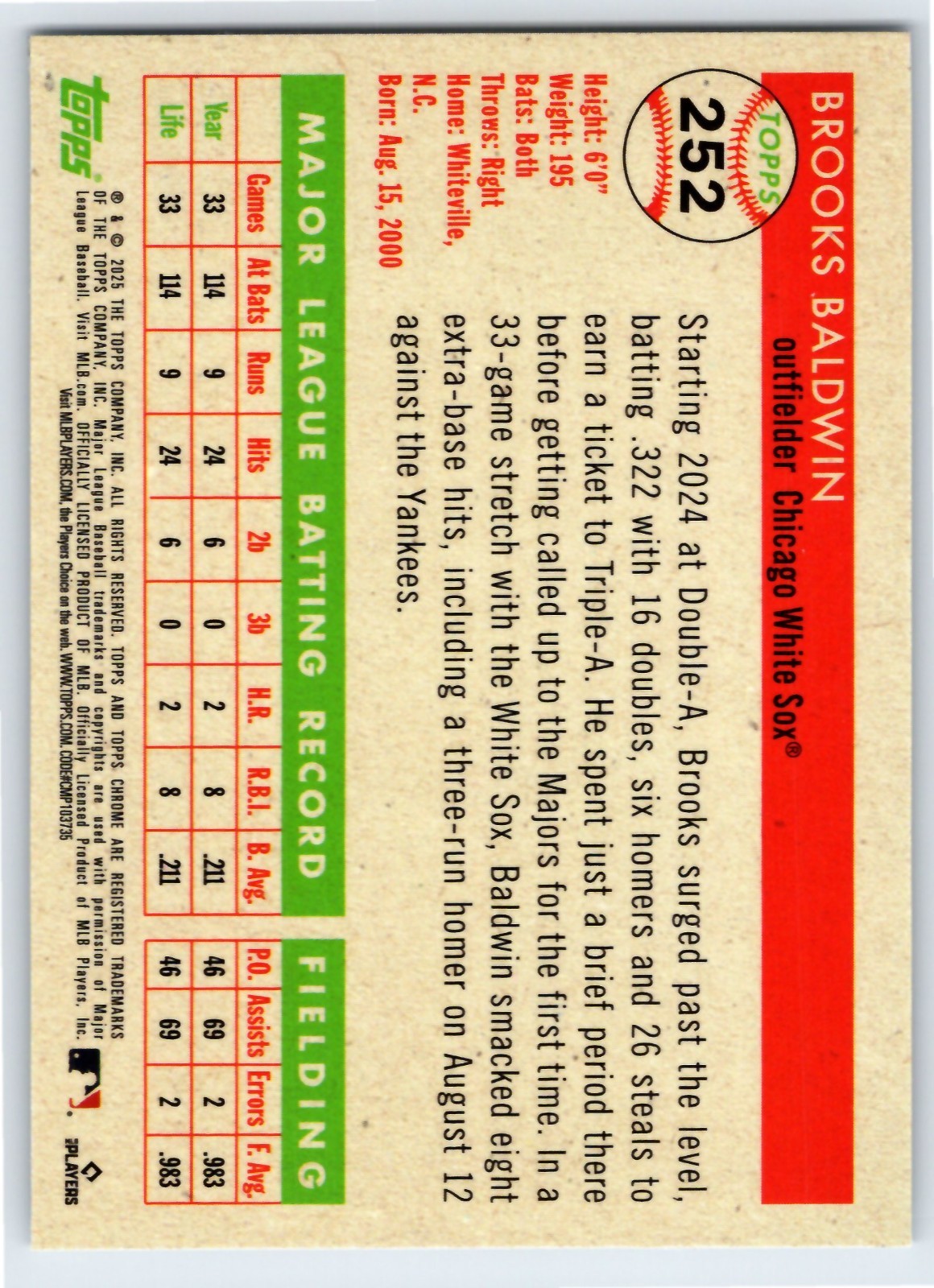 2025 Topps Chrome Platinum #252 Brooks Baldwin Chicago White Sox RC