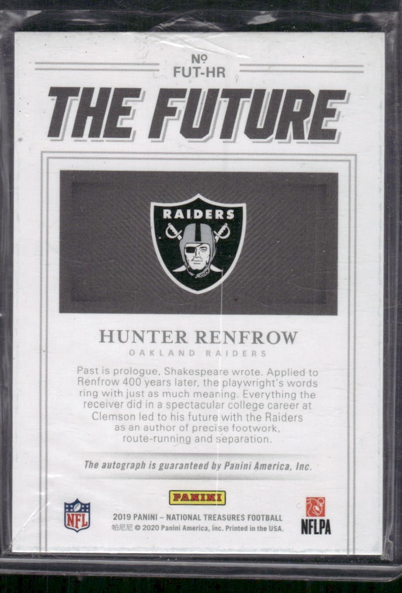 Hunter Renfrow 2019 Panini National Treasures The Future On Card Auto #D /25