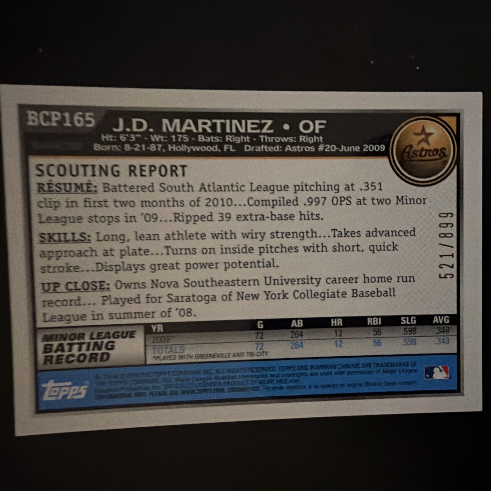 J.D. Martinez Topps 2010 Bowman Chrome BCP165 Astros Purple Refractor #/899