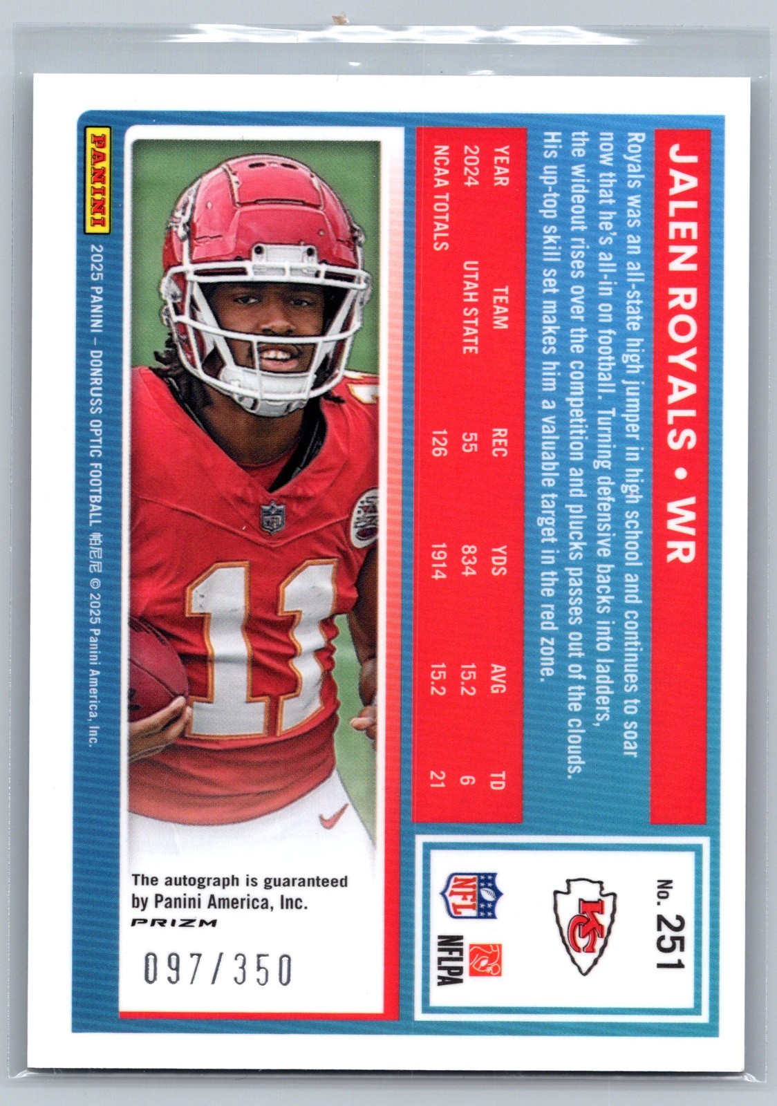 2025 Panini Optic Jalen Royals Rated Rookie Auto /350