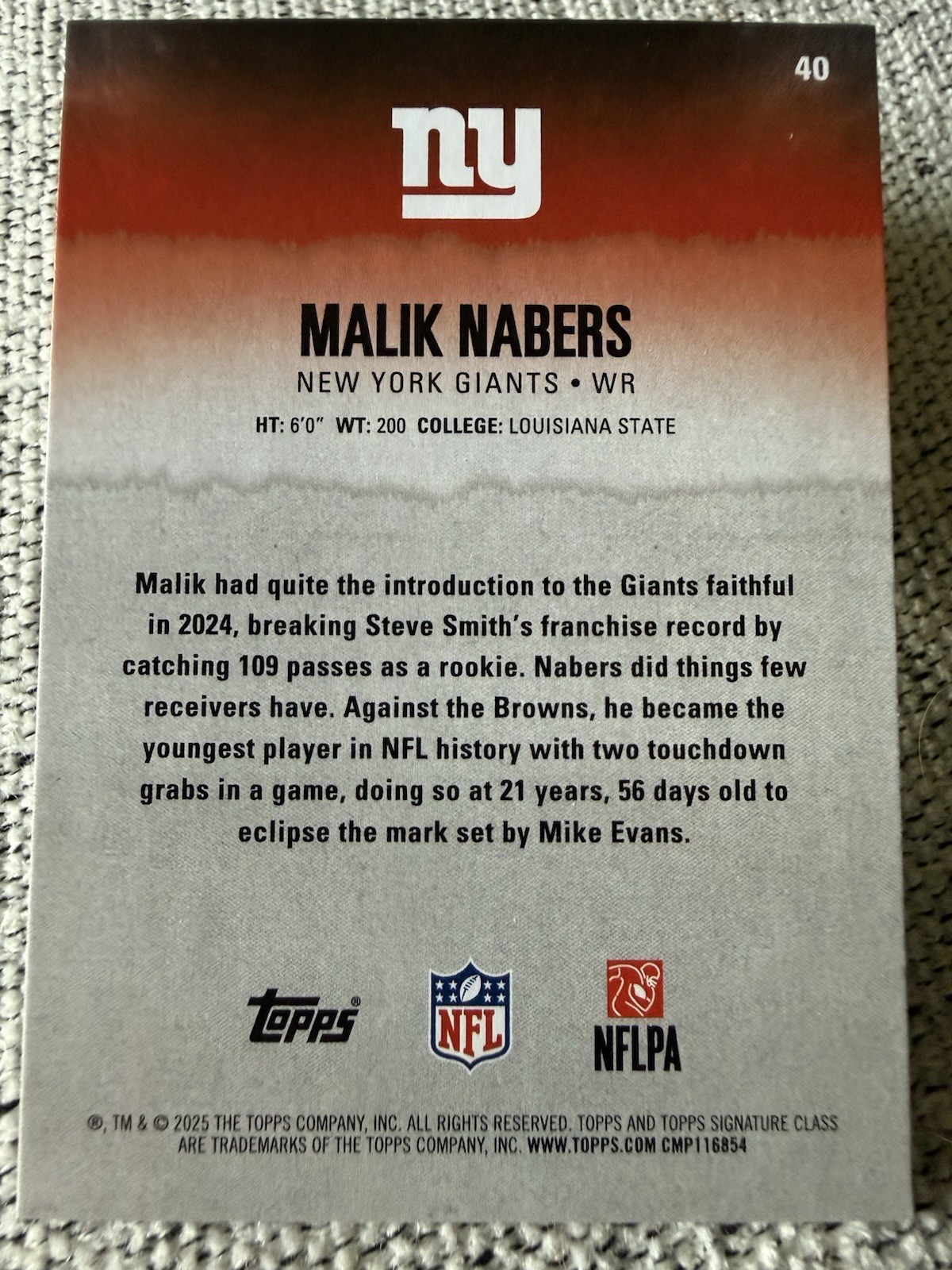 Topps Signature Class 2025 Round 1 Pick 6 Rookie Malik Nabers #40 Giants NFL