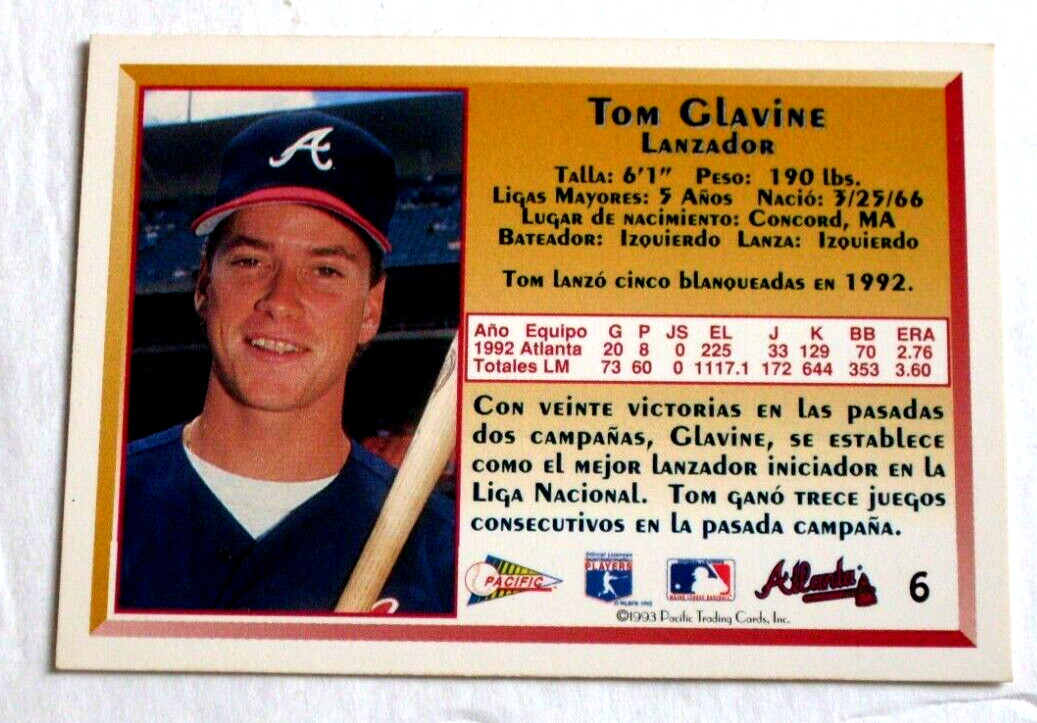 1993 Pacific Spanish Atlanta Braves Baseball Card #6 Tom Glavine