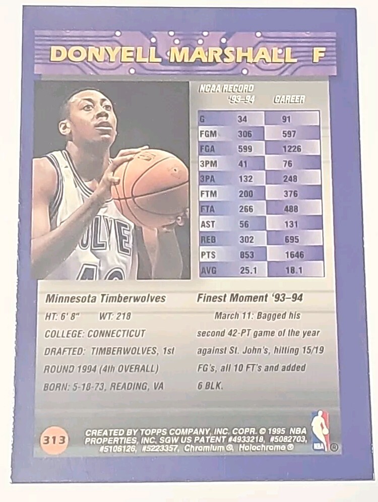 1994-95 Topps Finest Donyell Marshall Rookie #313 Minnesota Timberwolves