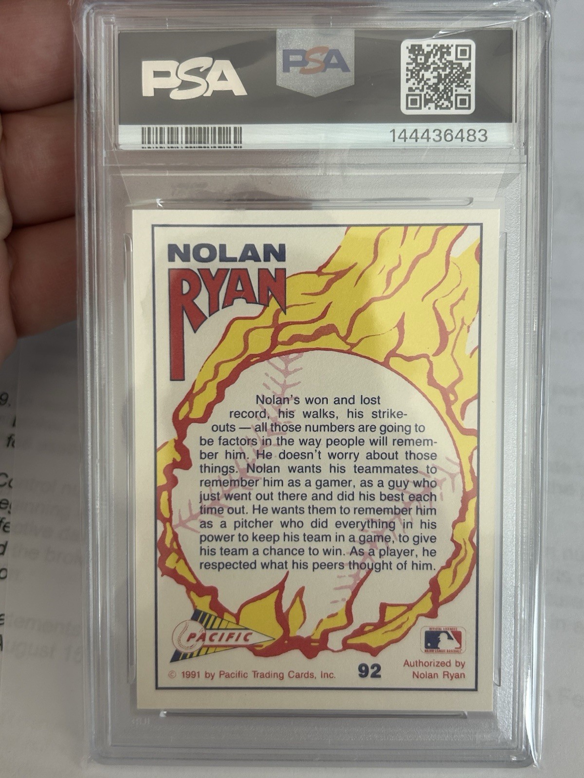 Nolan Ryan HOF 1991 Pacific Bloody Lip Card # 92 PSA 10
