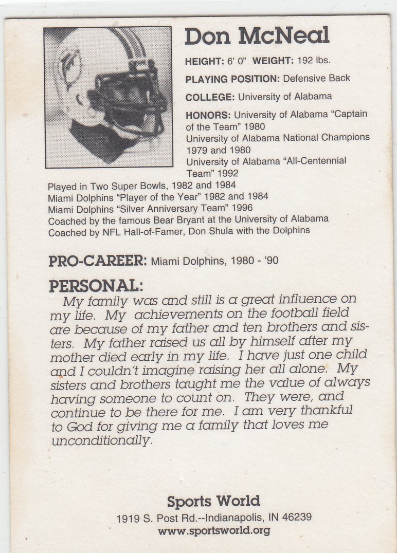 1990s Don McNeal Sports World Oddball IN PERSON AUTO – Miami Dolphins Alabama