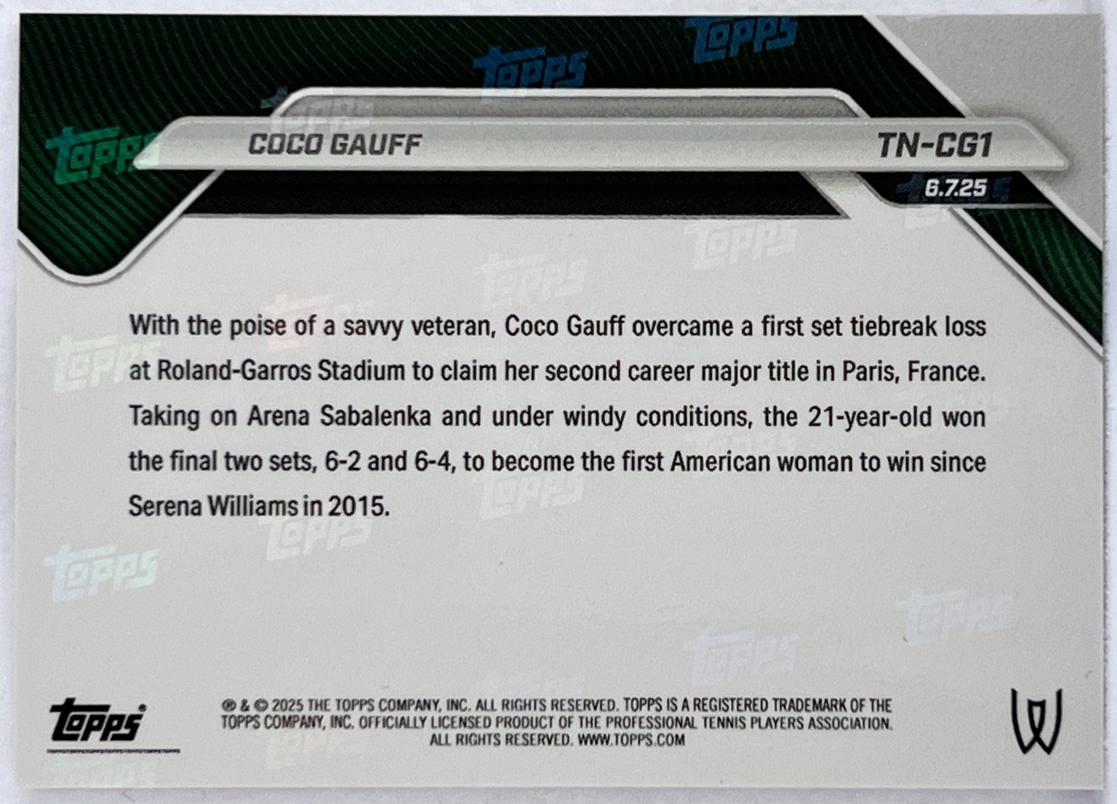 Coco Gauff Topps Now 2nd Career Major French Open TNCG1
