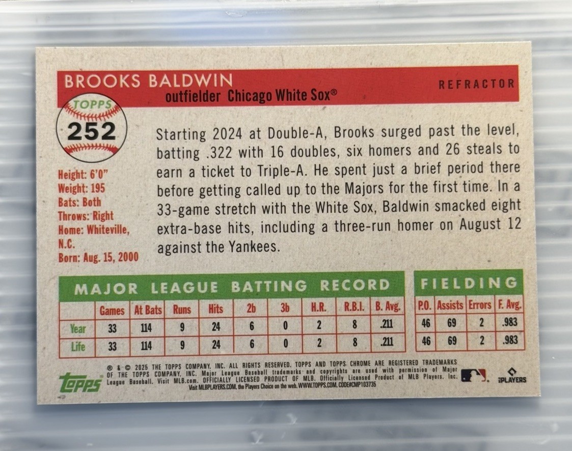 Topps 2025 Chrome Brooks Baldwin Chicago White Sox RC Refractor #252