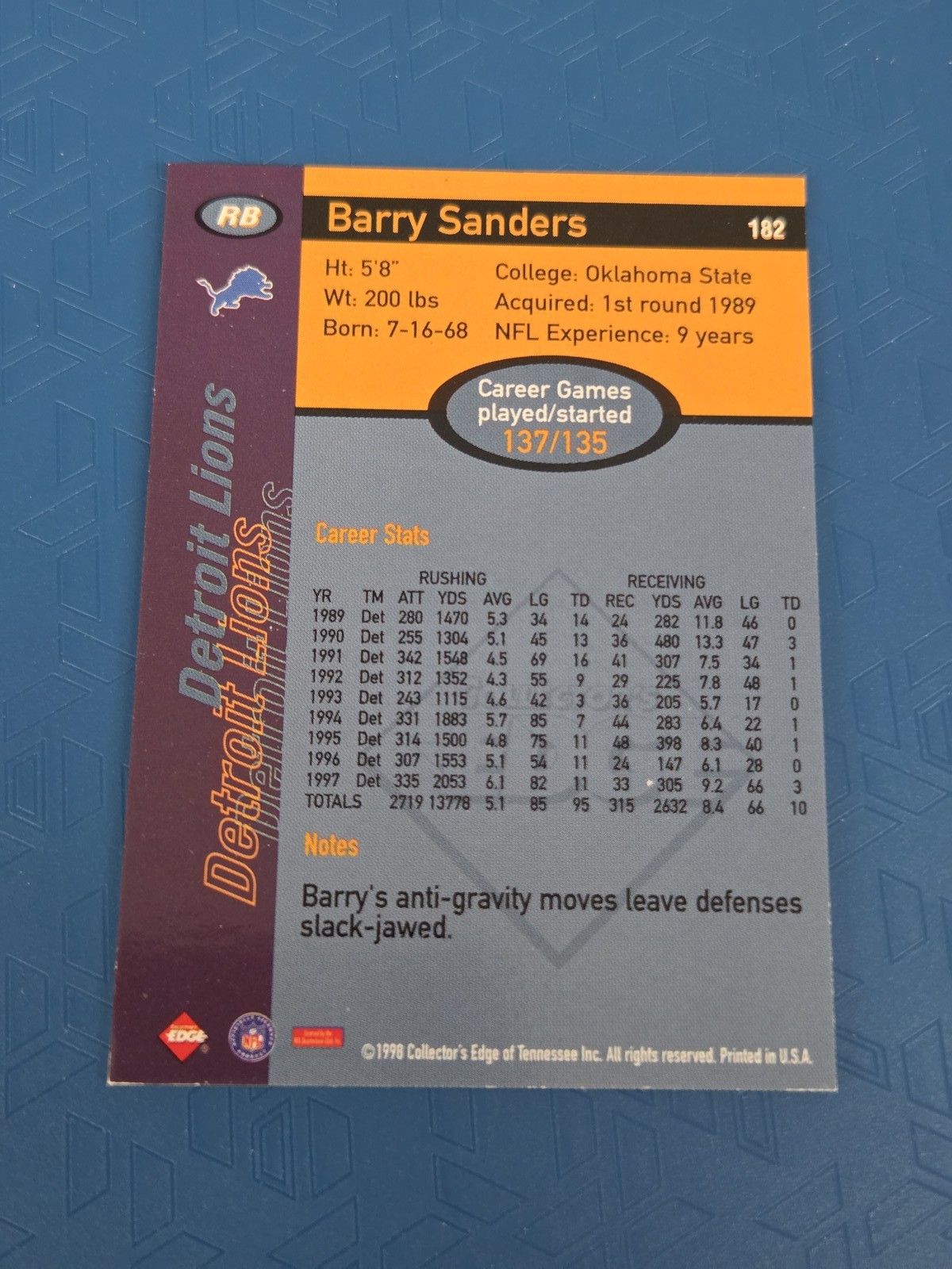 1998 Collector’s Edge First Place 50-Point #182 Barry Sanders FOOTBALL Card 3I