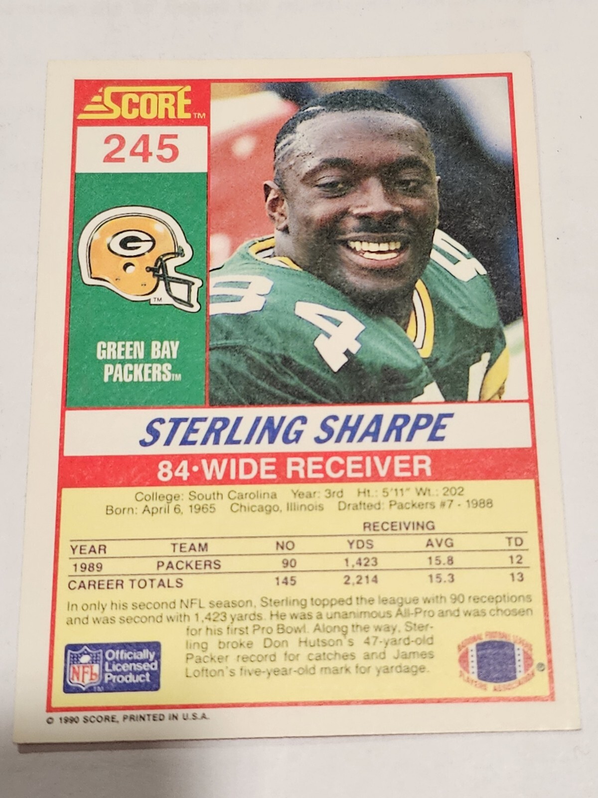 1990 Score #245 Sterling Sharpe