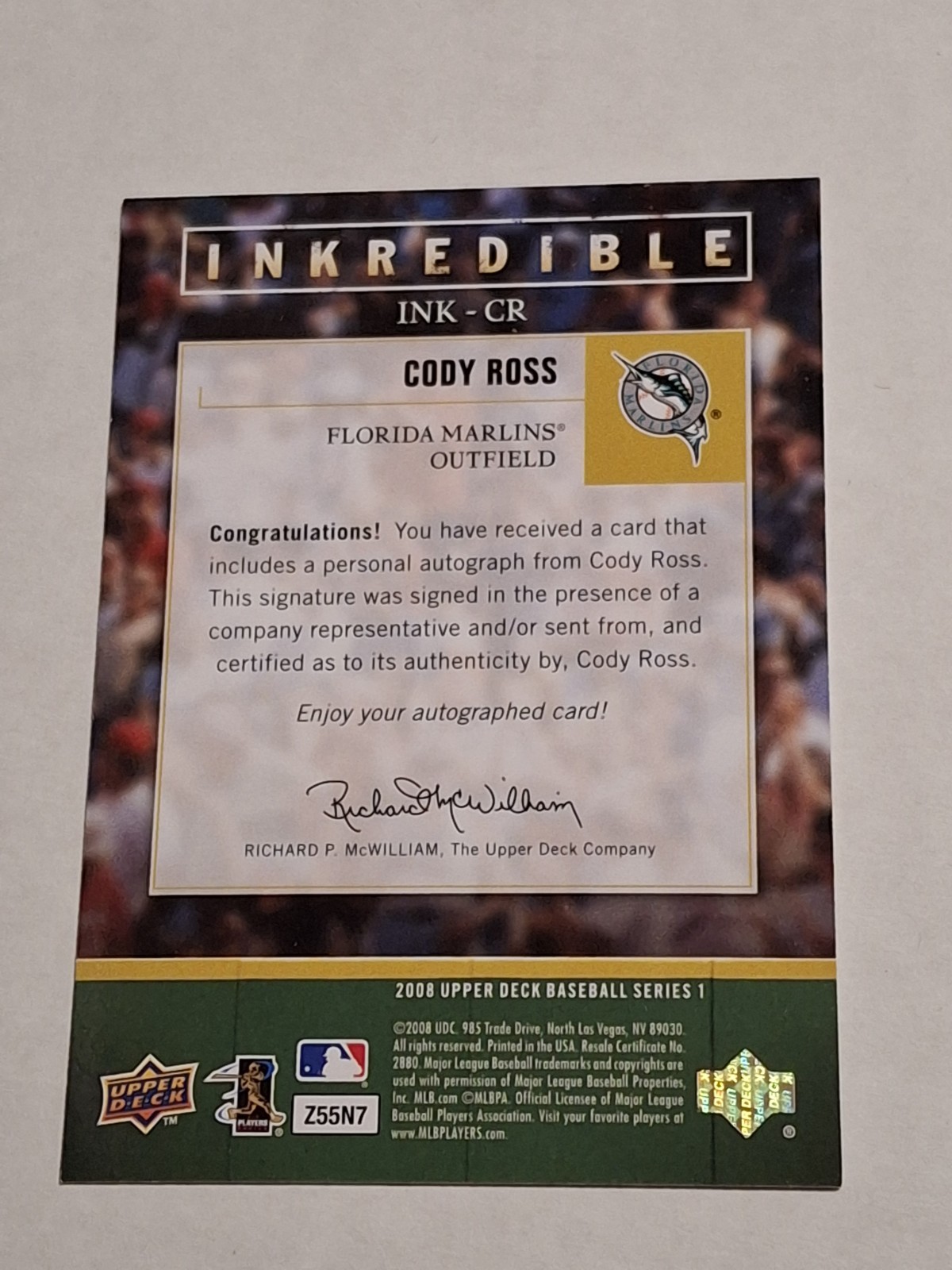 2008 CODY ROSS UPPER DECK AUTOGRAPHED AUTO BASEBALL CARD #INK-CR MARLINS GIANTS