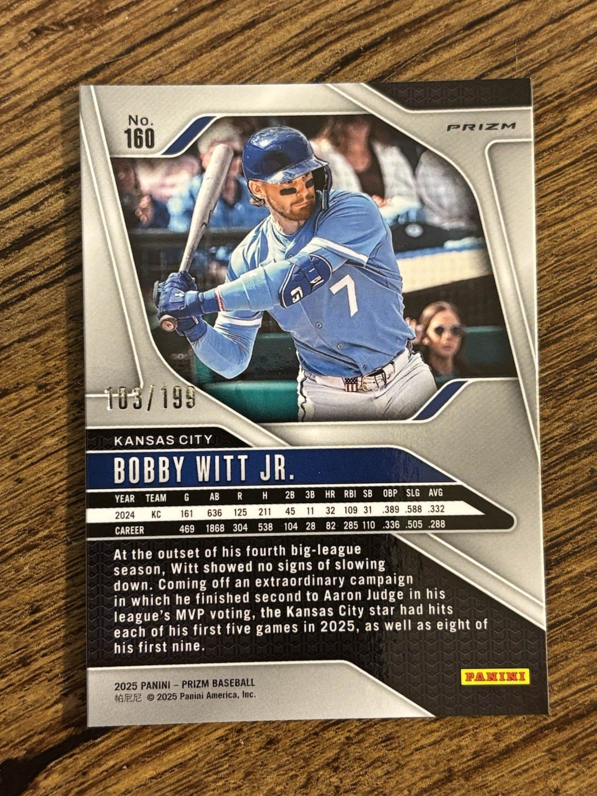 2025 Panini Prizm #160 Bobby Witt Jr. Blue Prizm #/199