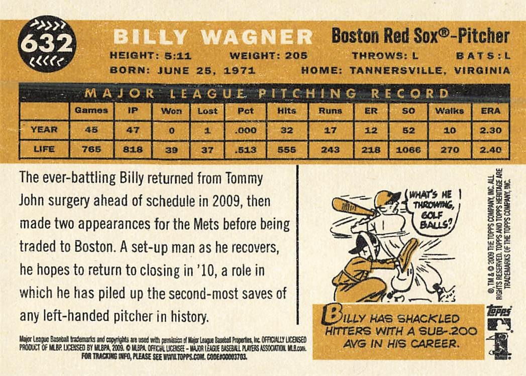 BILLY WAGNER 2009 TOPPS HERITAGE BASEBALL #632