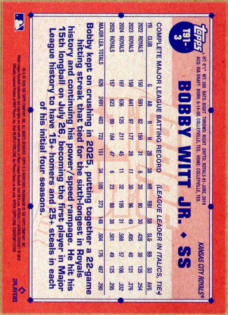 2026 Topps ’91 Topps #T913 Bobby Witt Jr.