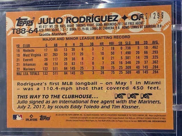 2023 Topps Julio Rodriguez 1988 35th Anniversary Series One Black Border 012/299