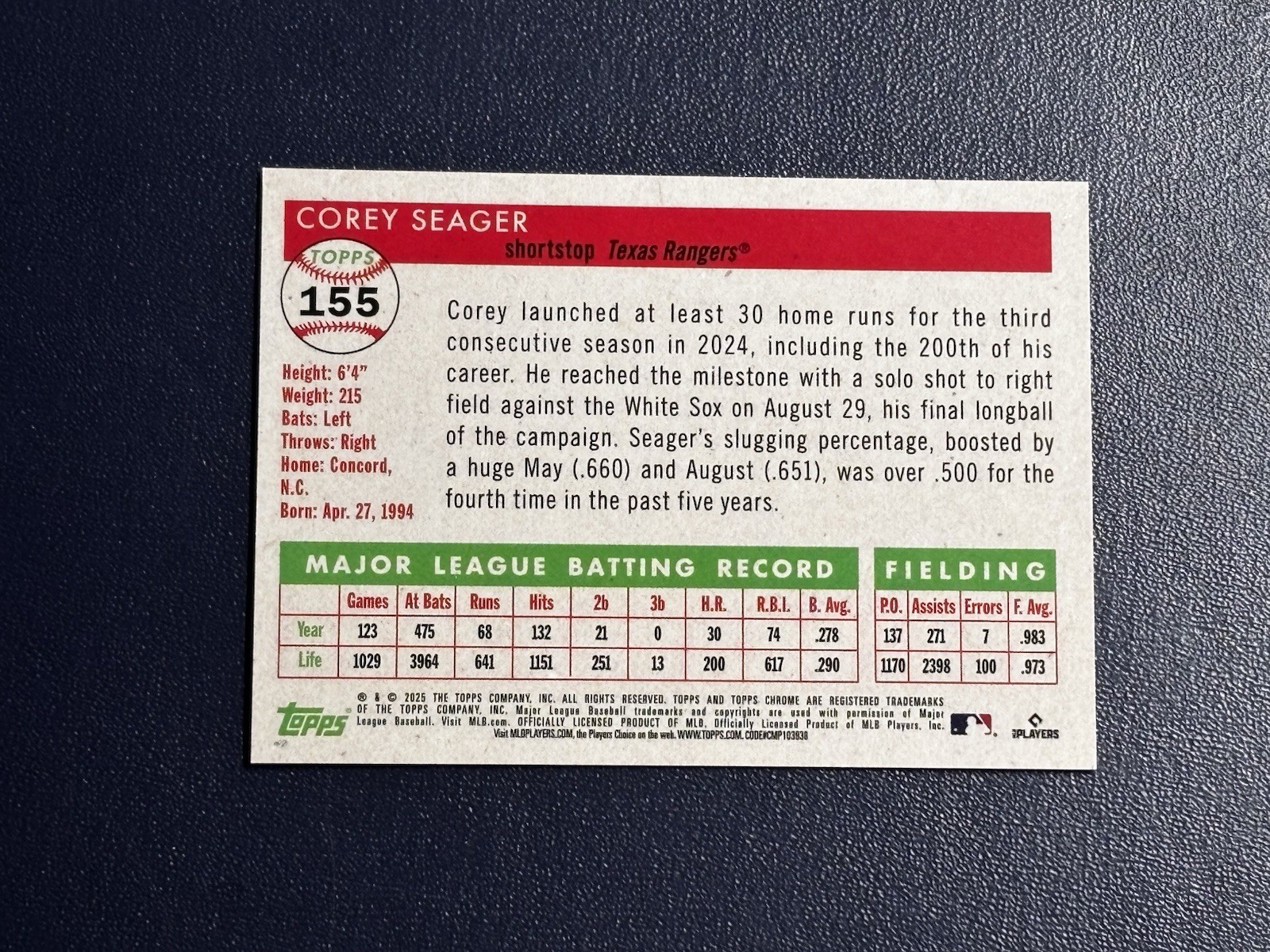 2025 Topps Chrome Platinum Corey Seager Image Variation SP Texas Rangers