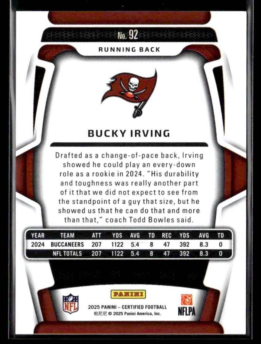 2025 Panini Certified Bucky Irving #92 Mirror Purple SN #/299 Buccaneers