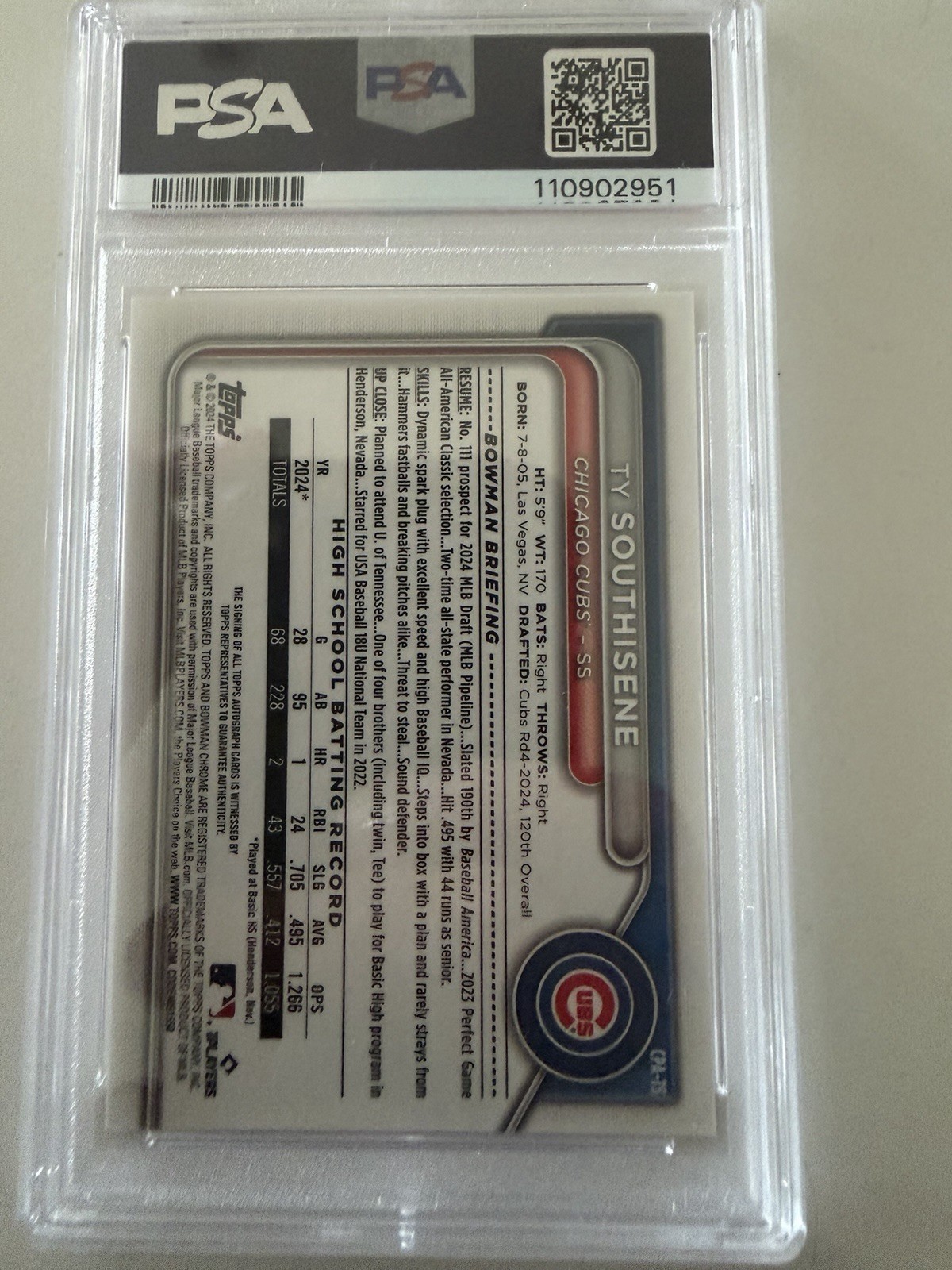 Bowman 2024 Draft Ty Southisene Chrome Prospect Auto Orange Wave /25 PSA 9