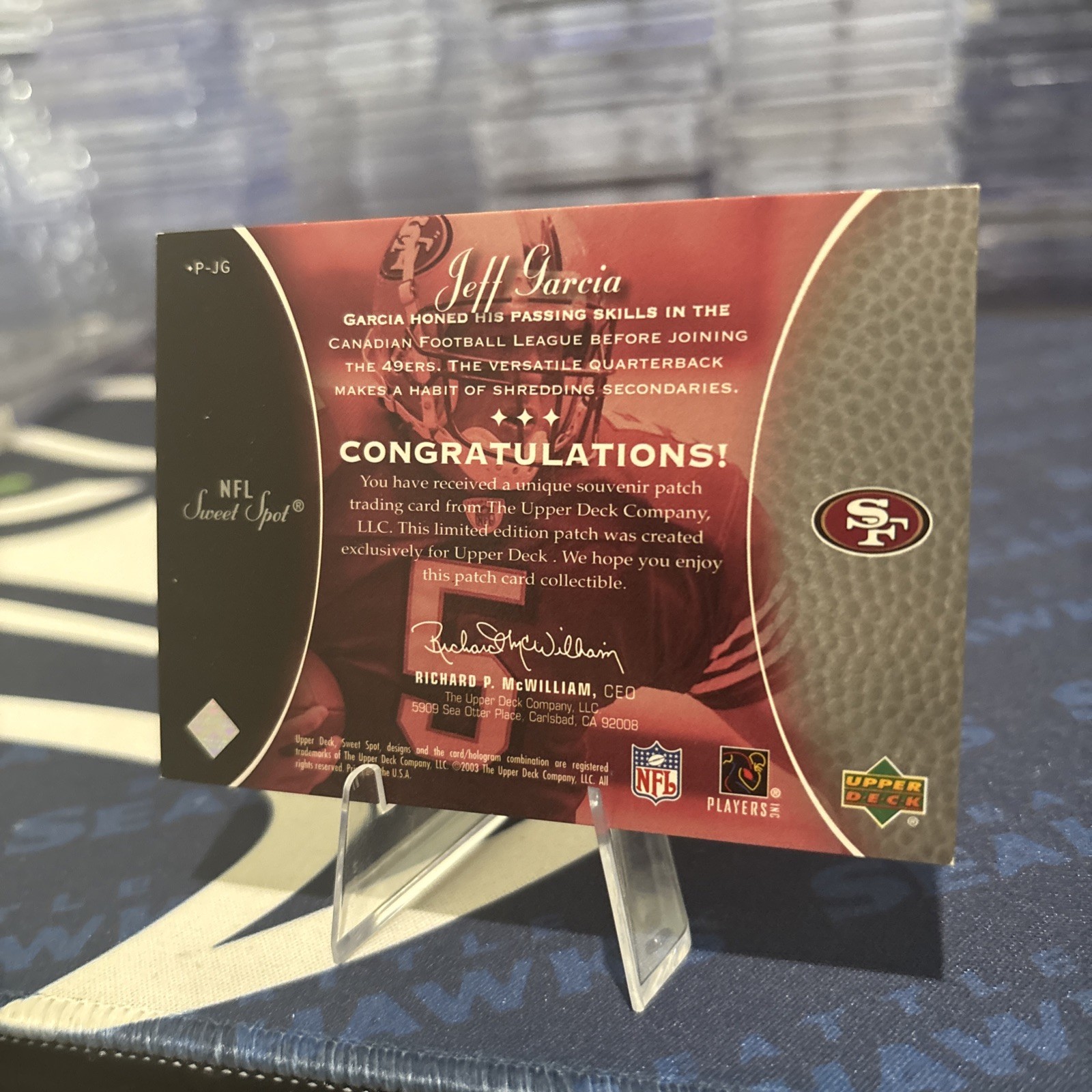 2003 Upper Deck Sweet Spot – Classics Embroidered Patch Jeff Garcia #P-JG Team
