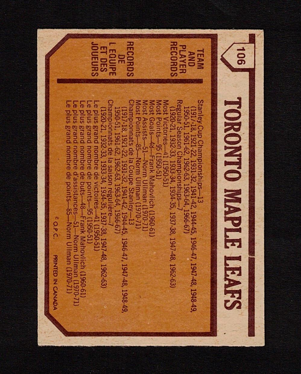 1973-74 TORONTO MAPLE LEAFS Team Photo & Records #106 VG-EX+ OPC KEY Hockey Card